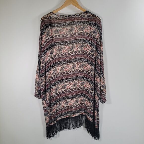 MAUVE Paisley Open Front Kimono Cardigan Size L Fringe Dolman Sleeve Soft Stripe - Picture 3 of 7